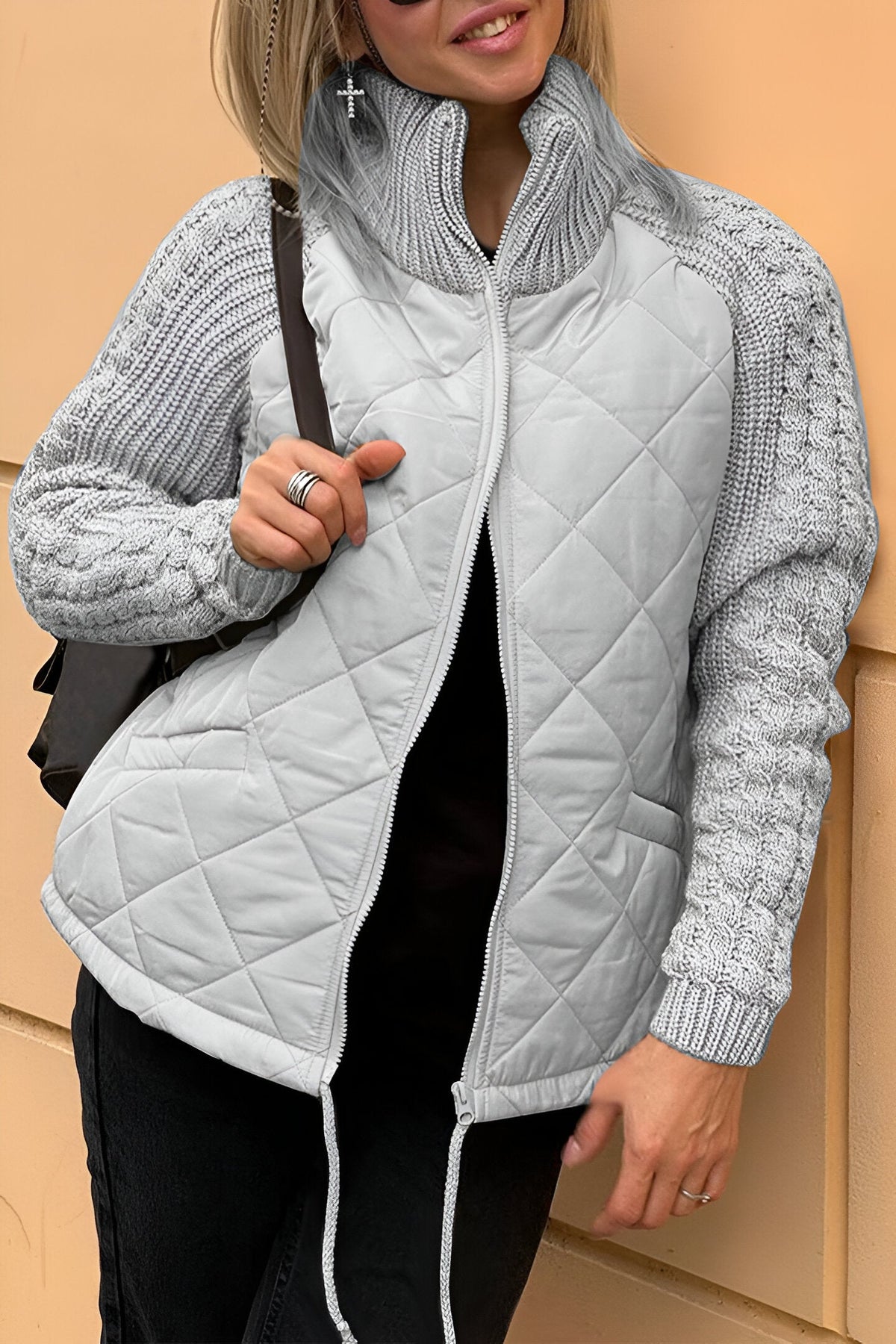 Women’s Mixed-Knit Zip-Up Jacket – Stylish Textured Casual Layering Style