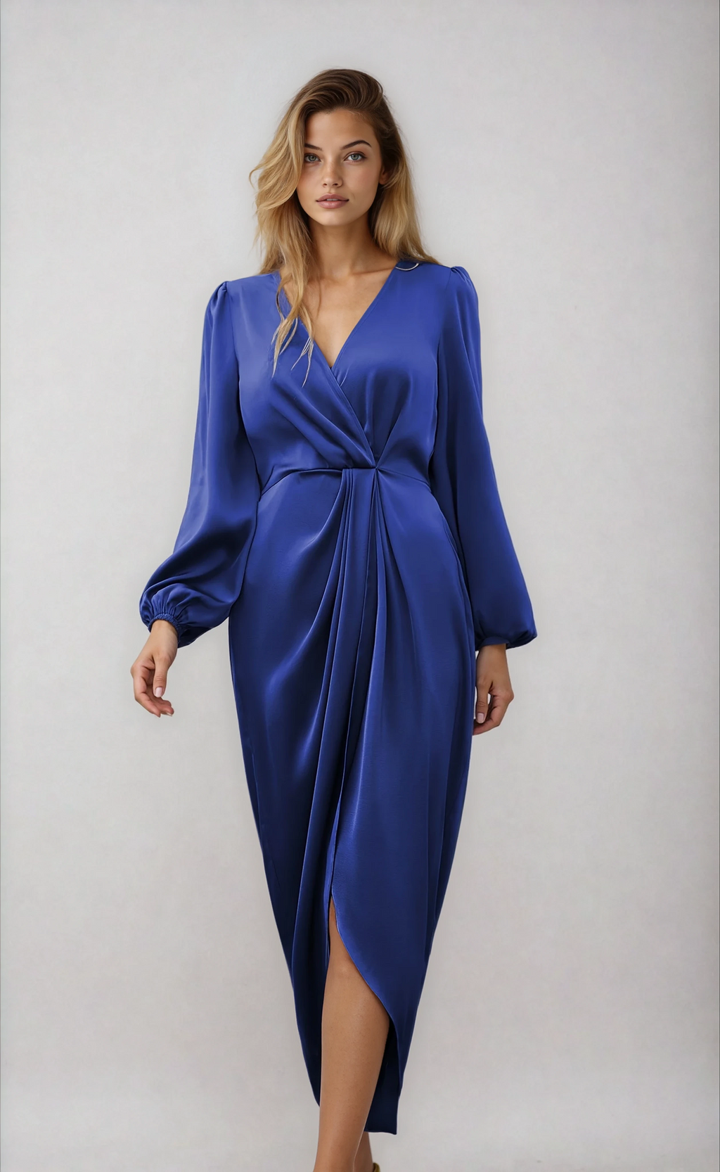 Women's Wrap Midi Dress – Elegant V-Neck Flattering Day Dress