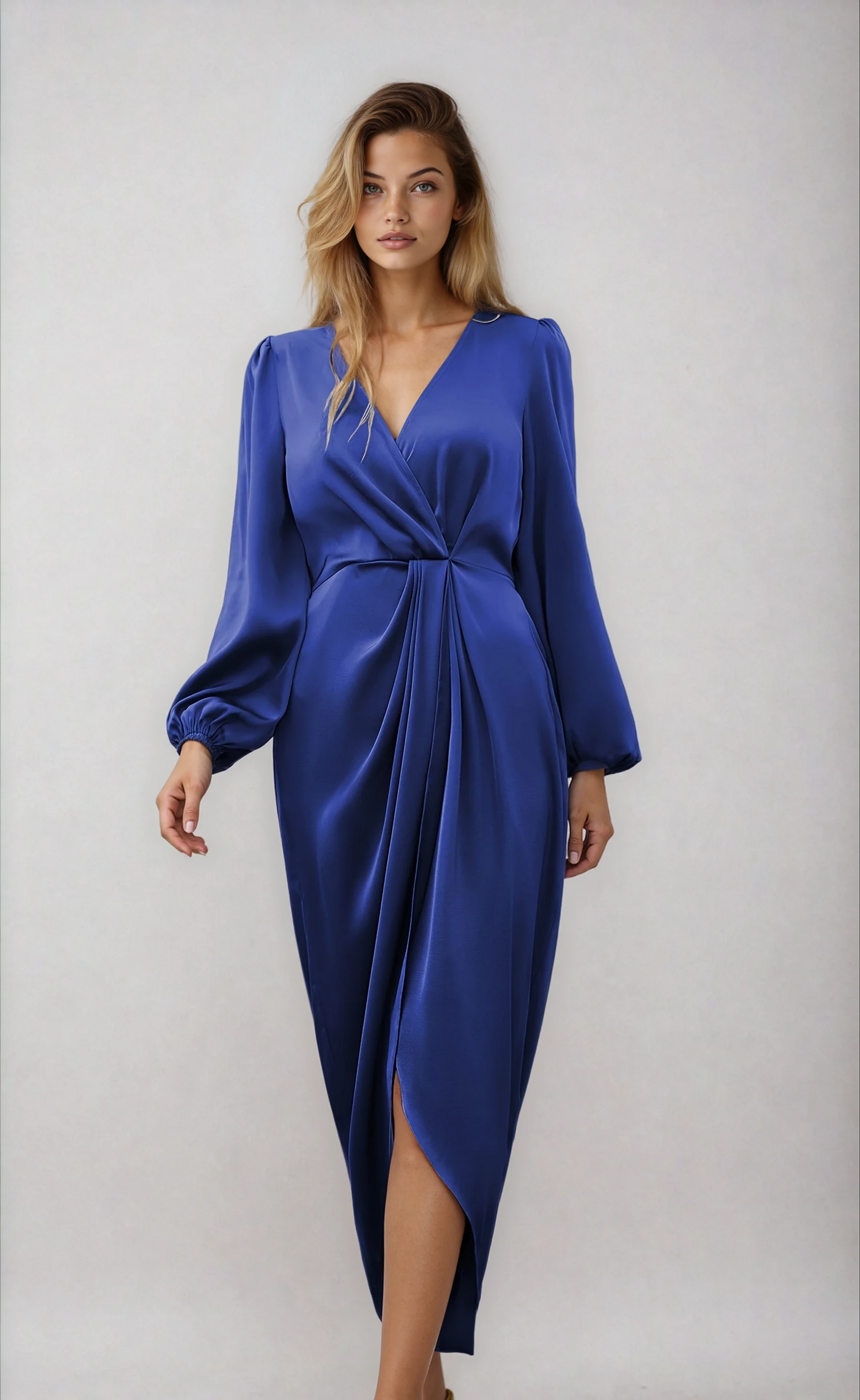 Women's Wrap Midi Dress – Elegant V-Neck Flattering Day Dress