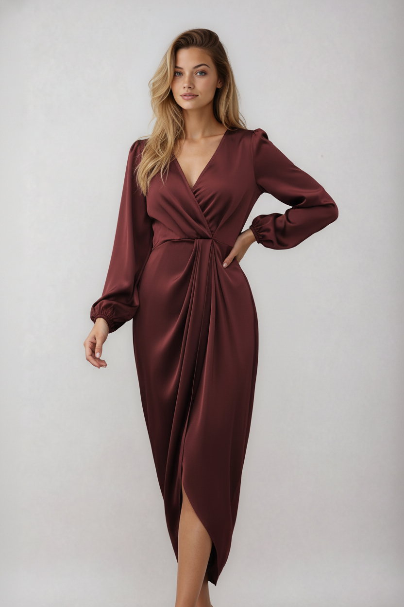 Women's Wrap Midi Dress – Elegant V-Neck Flattering Day Dress