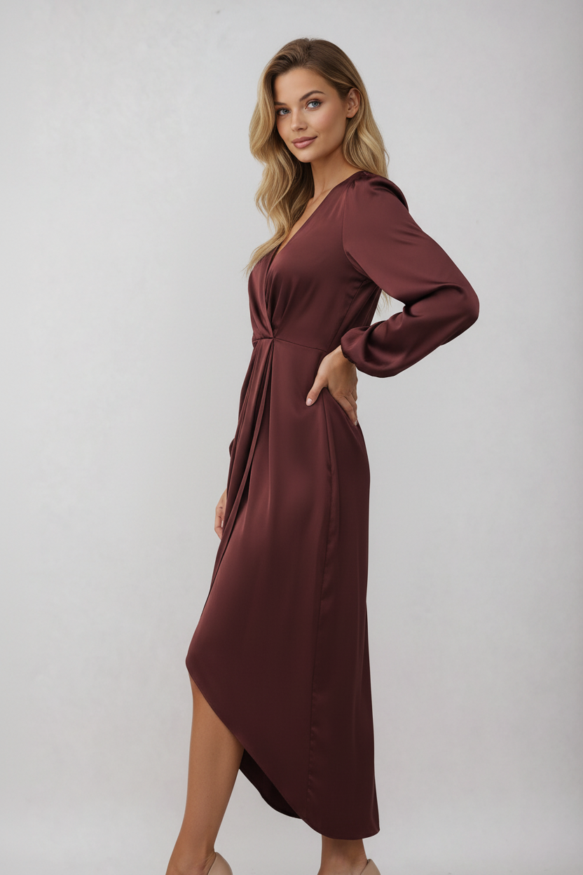 Women's Wrap Midi Dress – Elegant V-Neck Flattering Day Dress