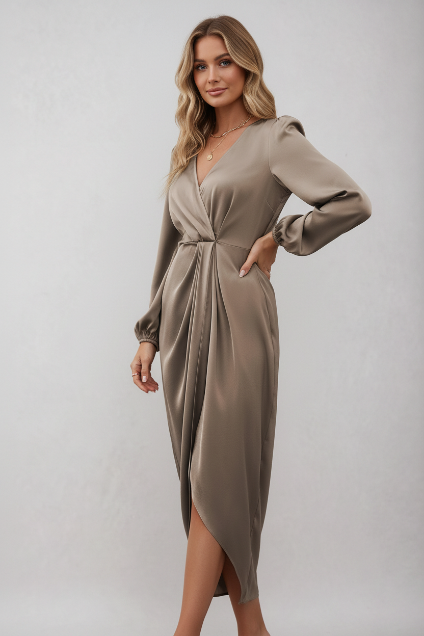 Women's Wrap Midi Dress – Elegant V-Neck Flattering Day Dress