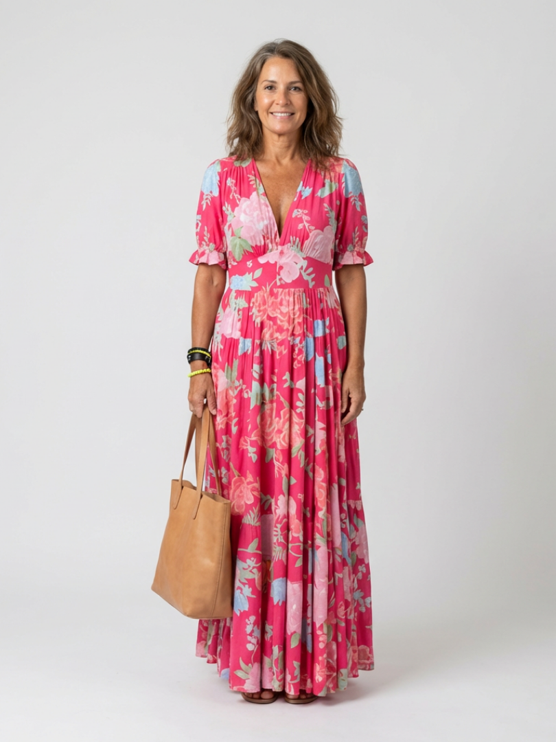 Women's Short Sleeve V Neck Floral Midi Dress - Soft Everyday Summer Fit