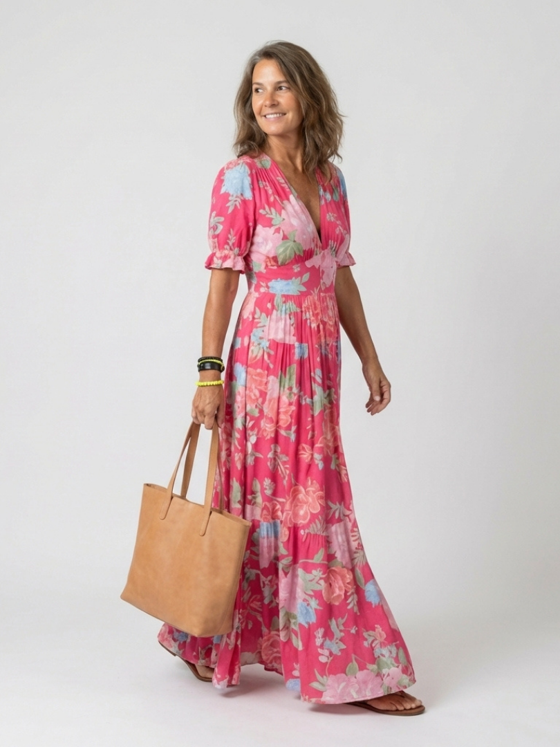 Women's Short Sleeve V Neck Floral Midi Dress - Soft Everyday Summer Fit