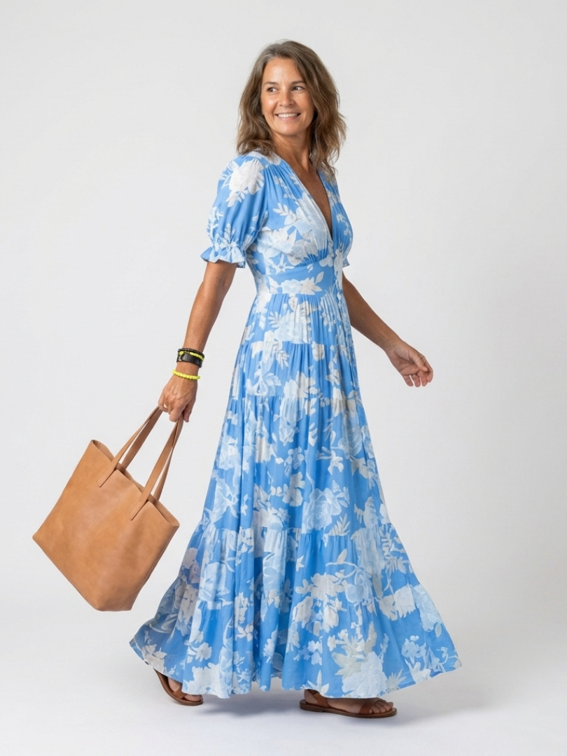Women's Short Sleeve V Neck Floral Midi Dress - Soft Everyday Summer Fit