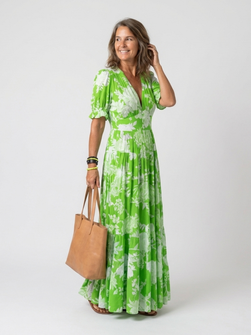 Women's Short Sleeve V Neck Floral Midi Dress - Soft Everyday Summer Fit