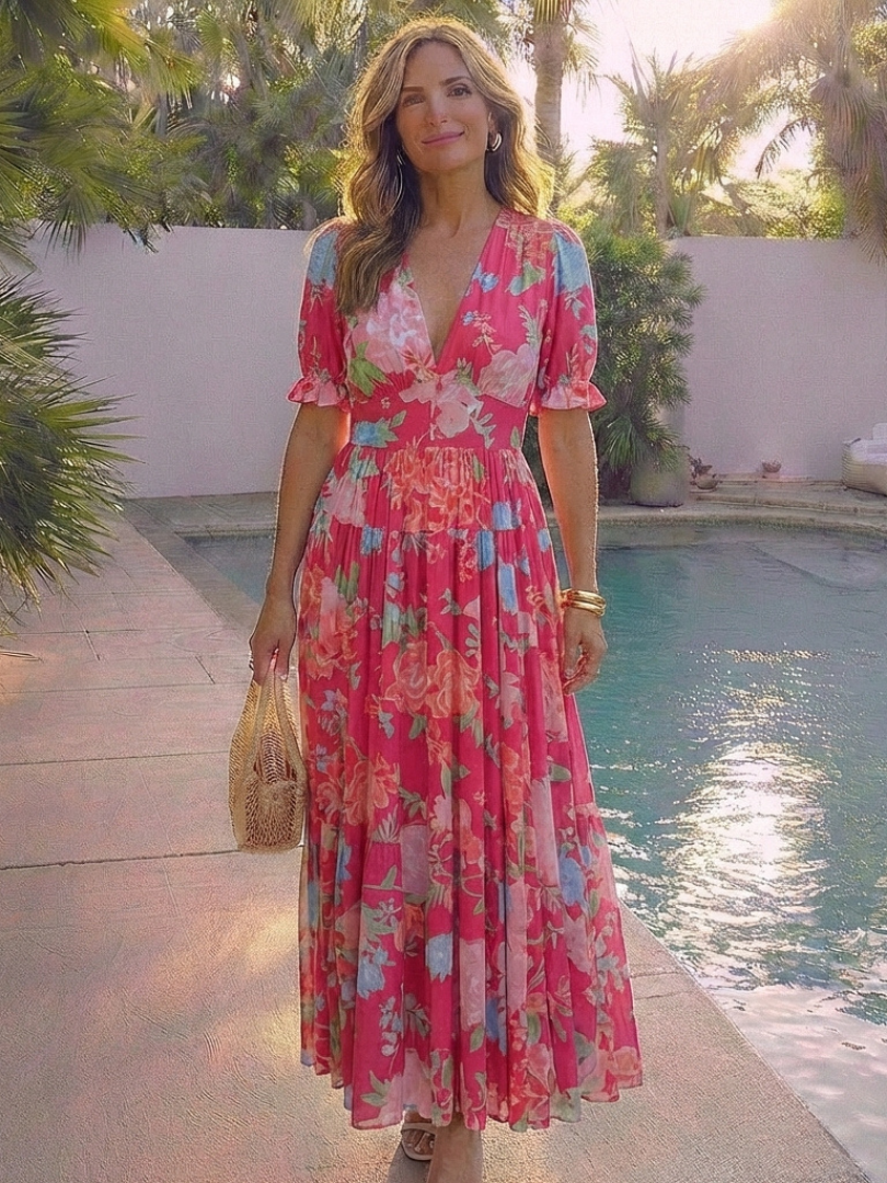 Women's Short Sleeve V Neck Floral Midi Dress - Soft Everyday Summer Fit