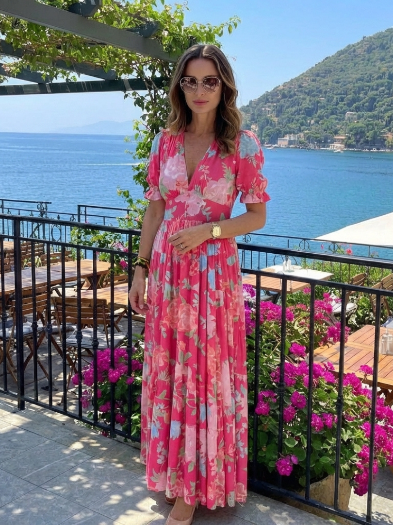 Women's Short Sleeve V Neck Floral Midi Dress - Soft Everyday Summer Fit