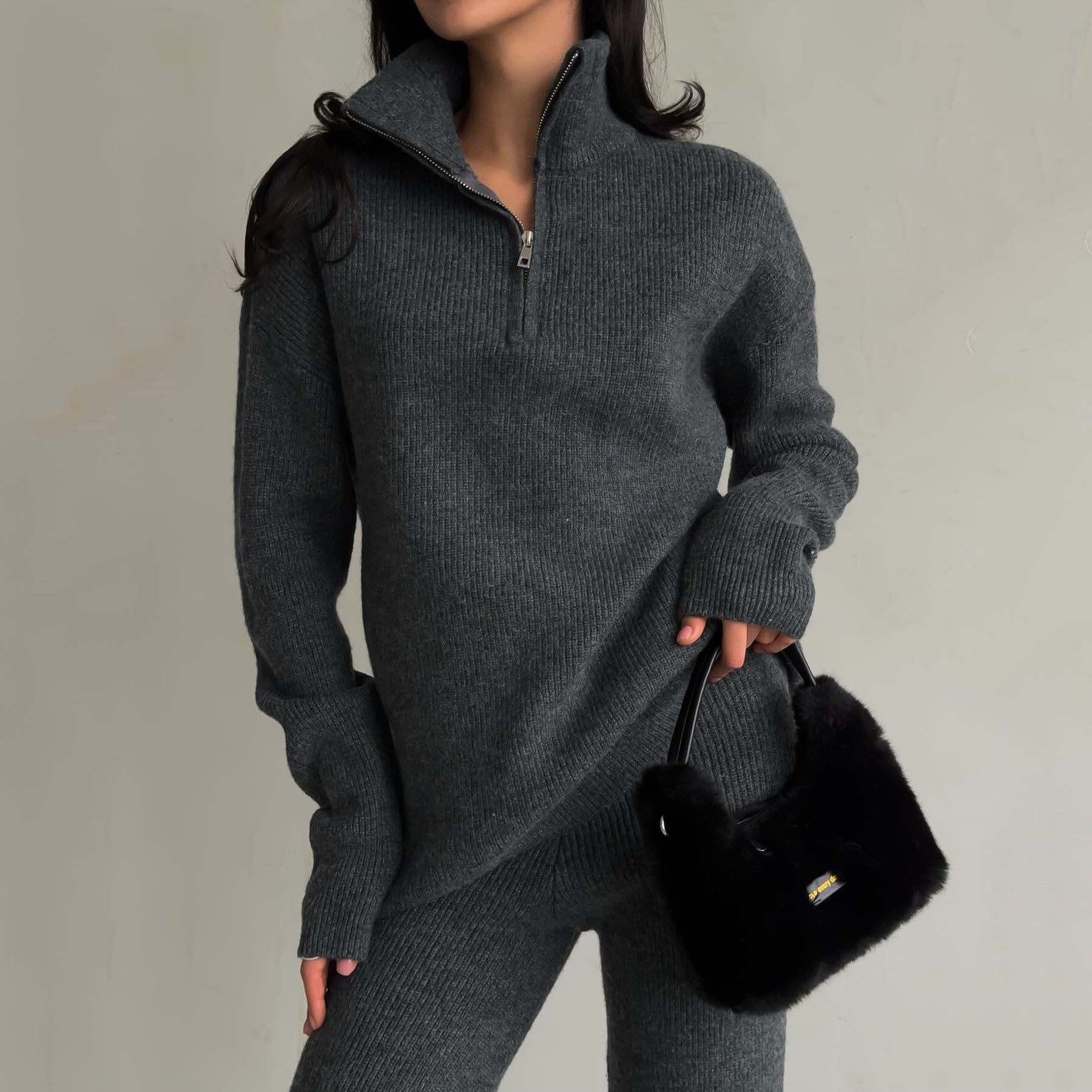 Women’s Cozy Ribbed Knit 2 Piece Lounge Set – Zipper Sweater and Matching Pants