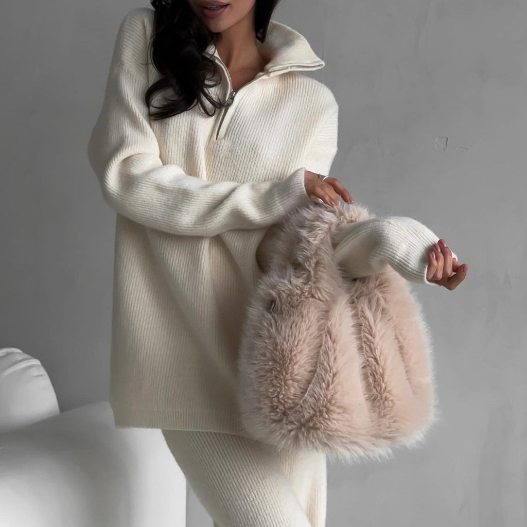 Women’s Cozy Ribbed Knit 2 Piece Lounge Set – Zipper Sweater and Matching Pants