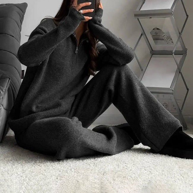 Women’s Cozy Ribbed Knit 2 Piece Lounge Set – Zipper Sweater and Matching Pants