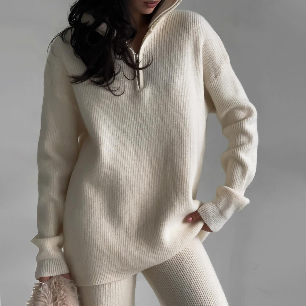 Women’s Cozy Ribbed Knit 2 Piece Lounge Set – Zipper Sweater and Matching Pants