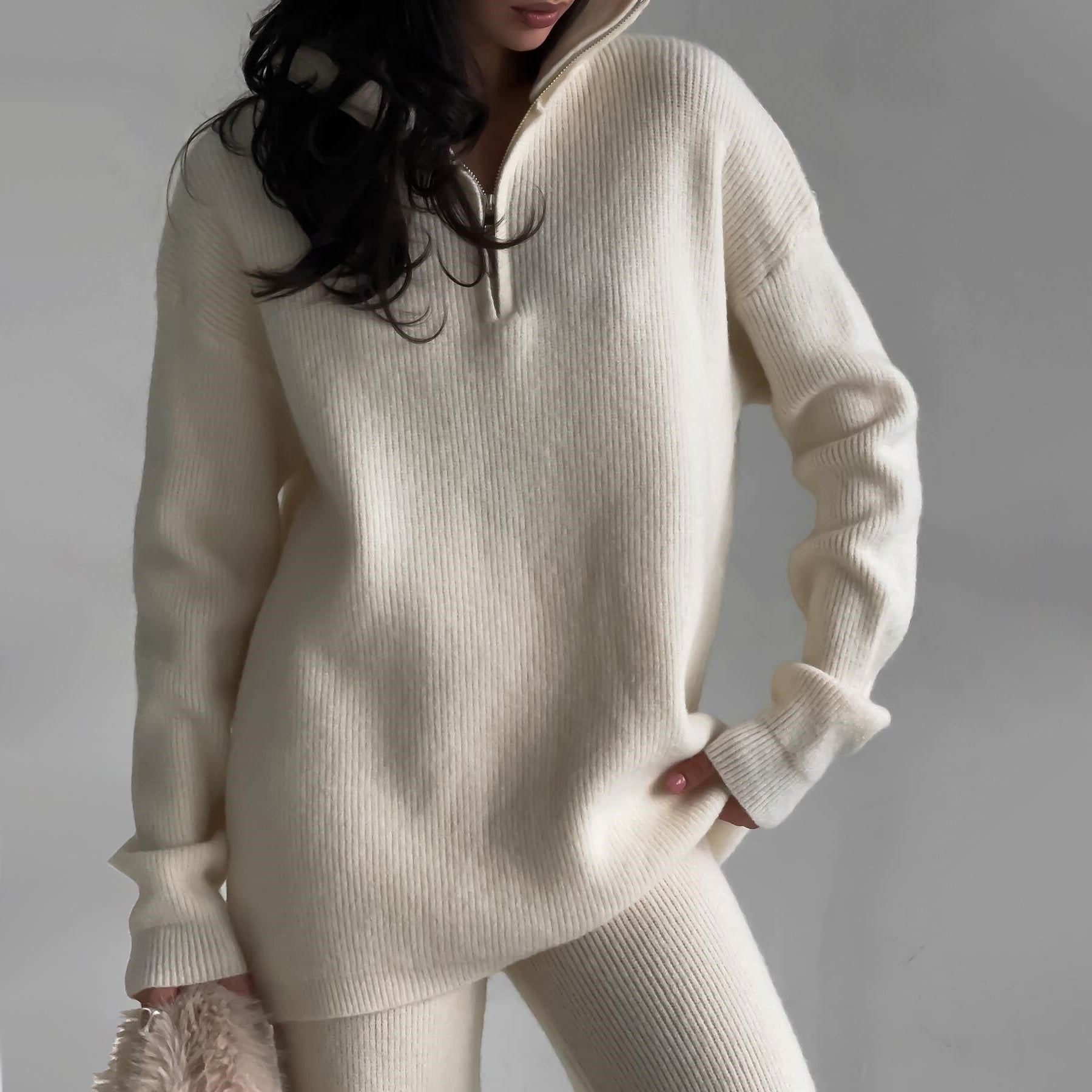 Women’s Cozy Ribbed Knit 2 Piece Lounge Set – Zipper Sweater and Matching Pants