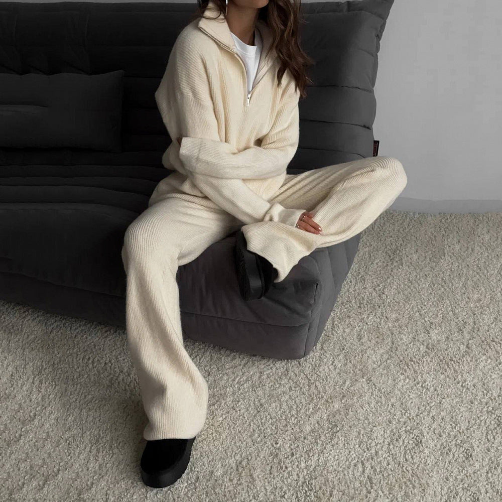 Women’s Cozy Ribbed Knit 2 Piece Lounge Set – Zipper Sweater and Matching Pants