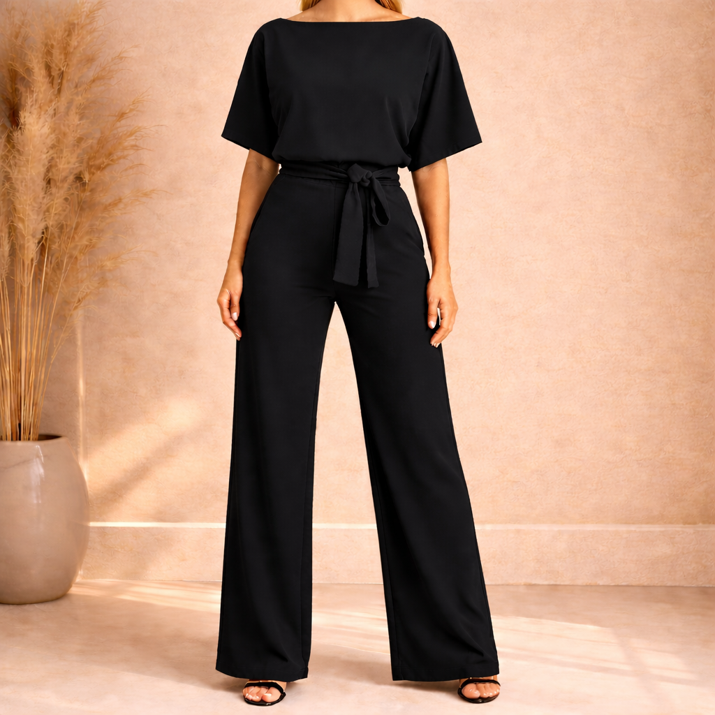 Women's Belted Wide Leg Jumpsuit - Smart Casual One Piece Outfit