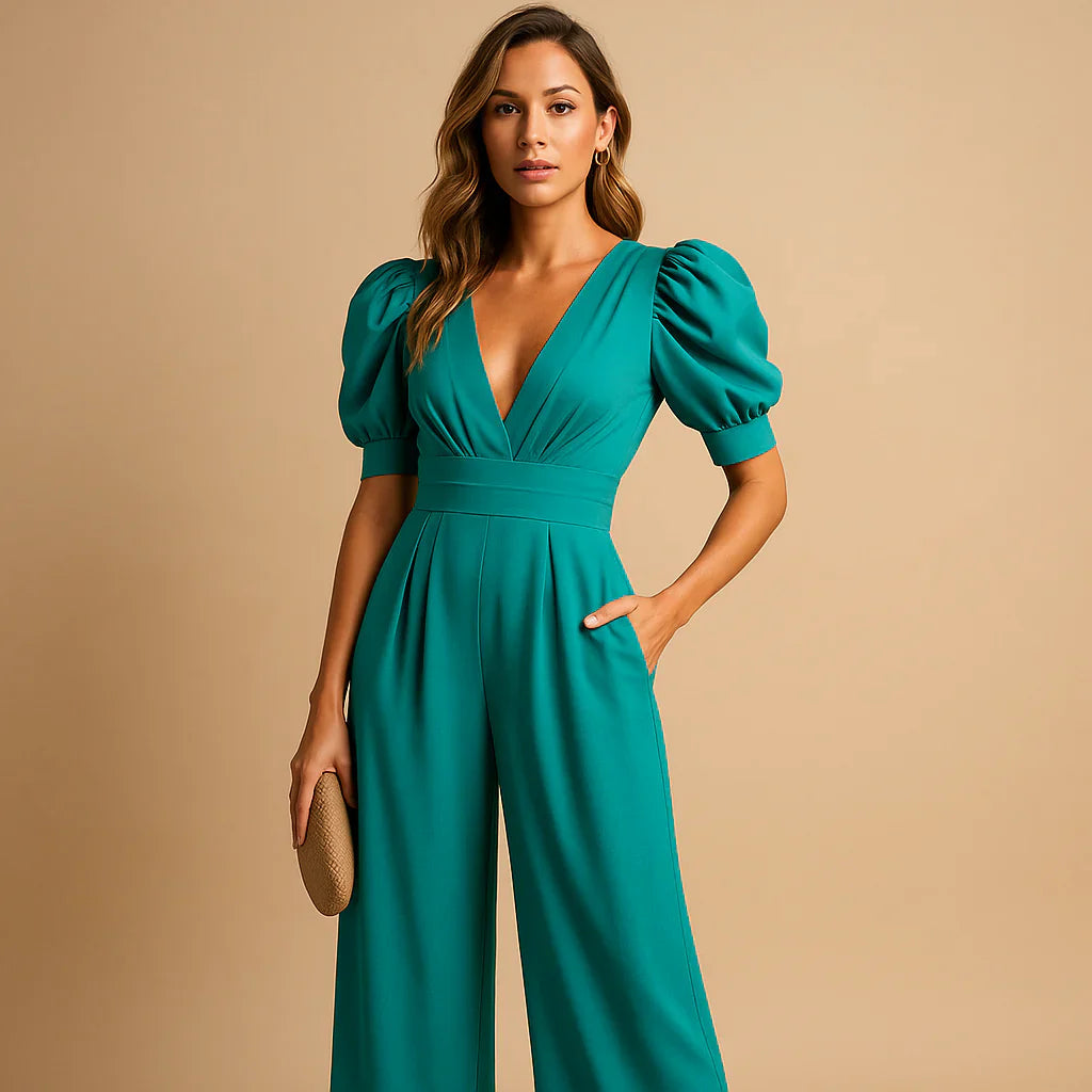 Women's Puff Sleeve Jumpsuit – Flattering Waist Occasion Outfit