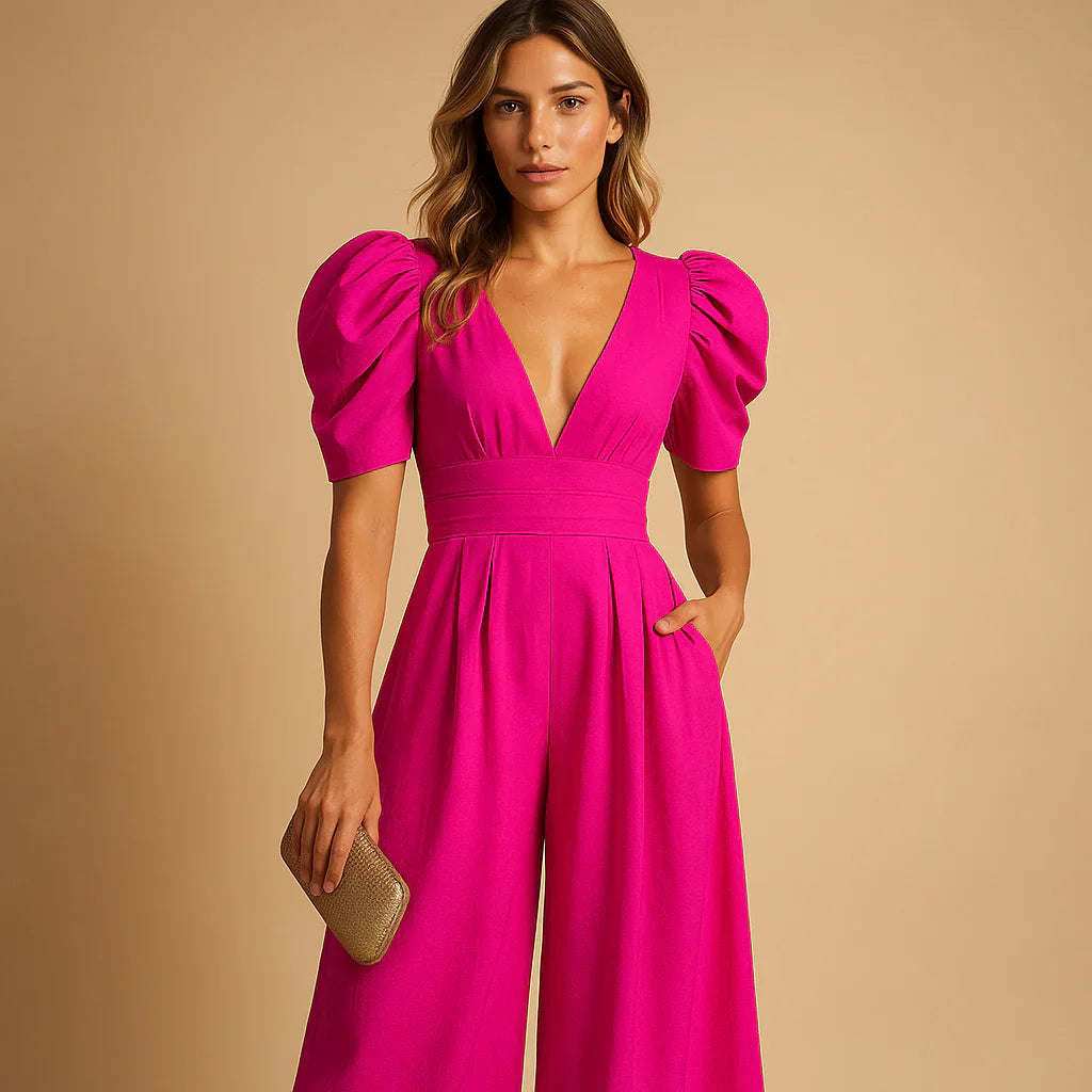 Women's Puff Sleeve Jumpsuit – Flattering Waist Occasion Outfit