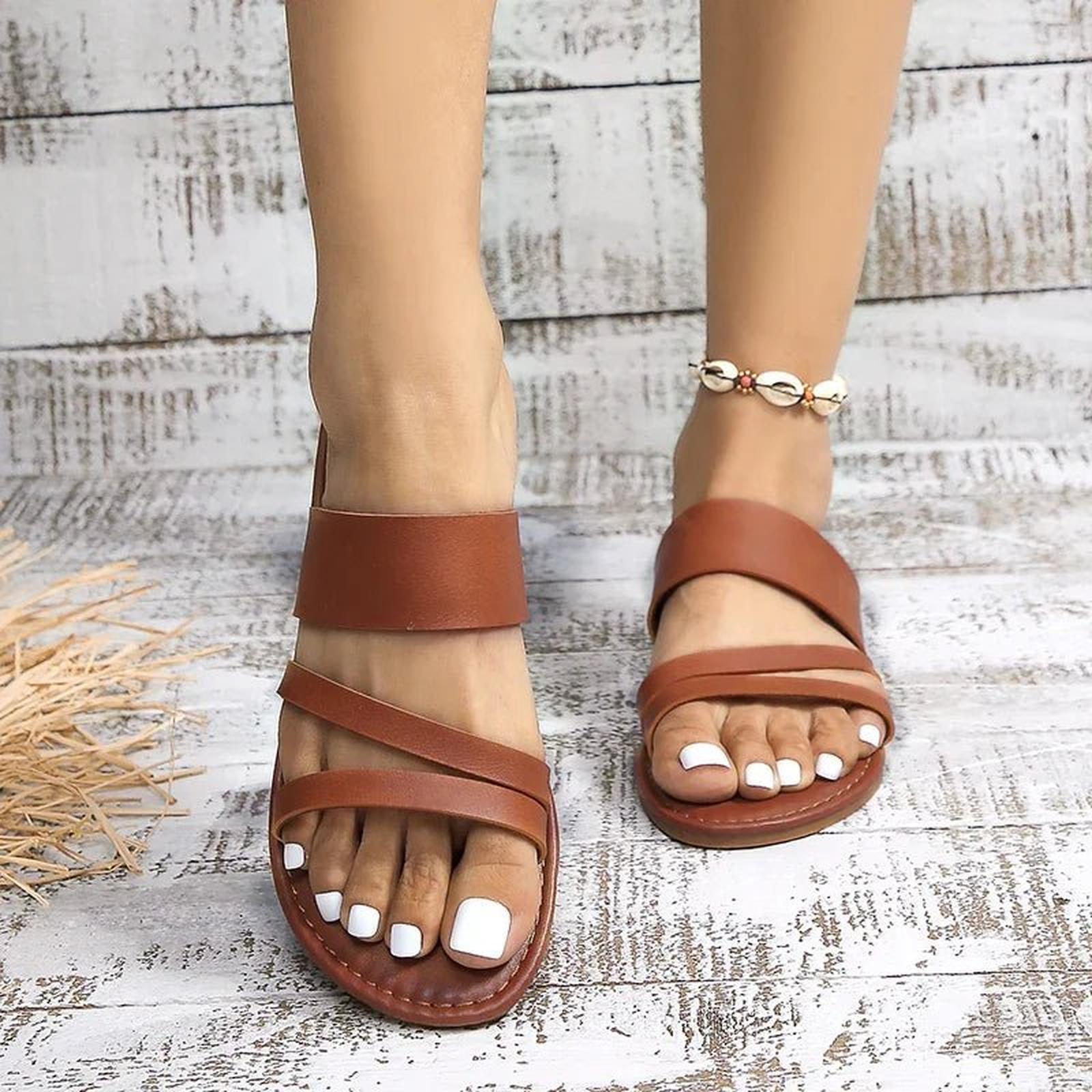 Women's Cross Strap Sandals - Cushioned Slip On Summer Flats