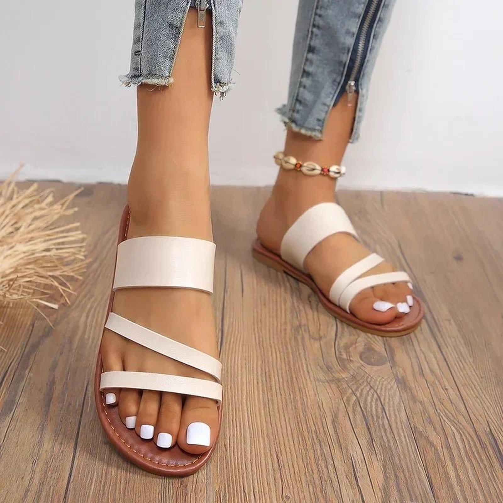 Women's Cross-Strap Flat Sandals - Cushioned Leather Slip-On Summer Shoes