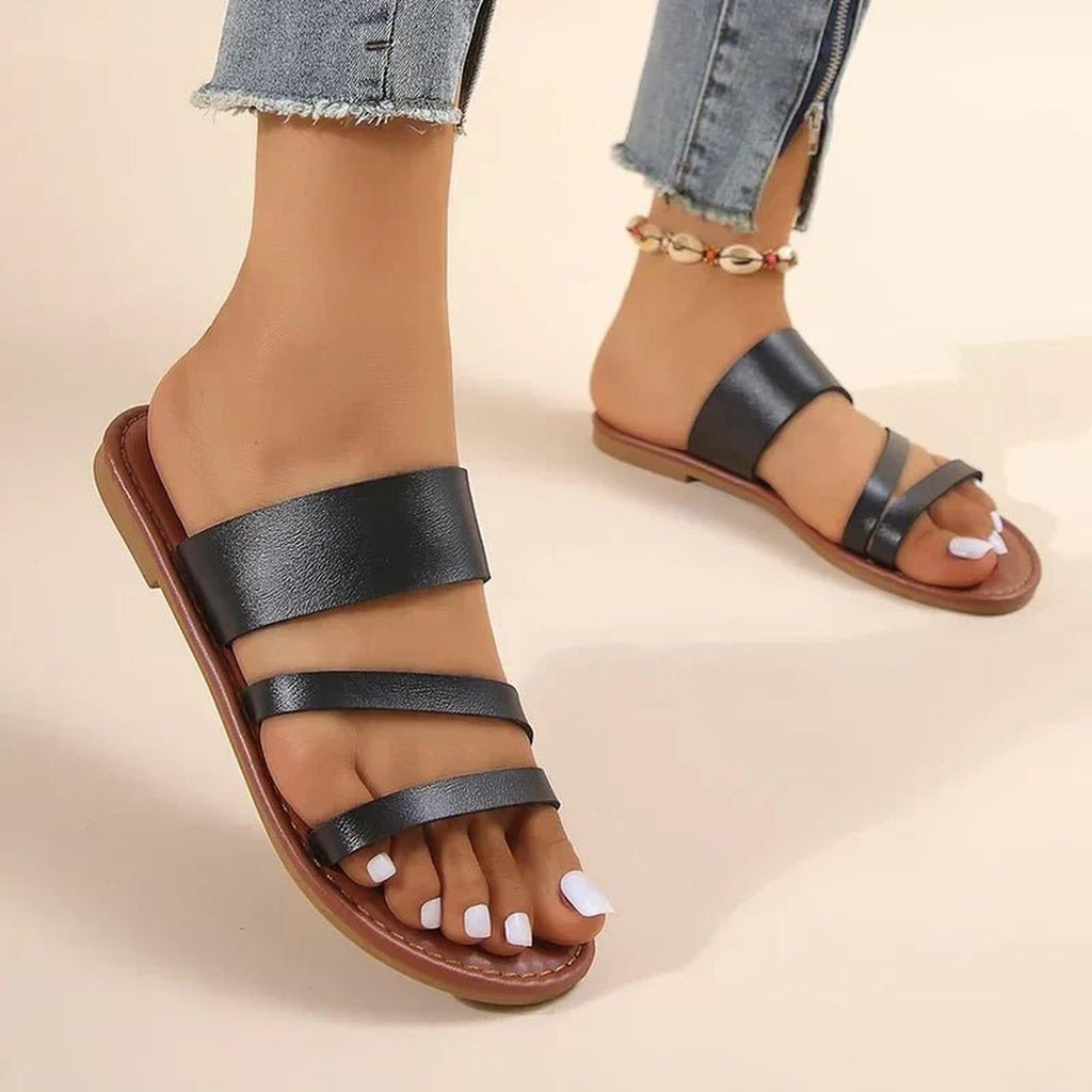 Women's Cross-Strap Flat Sandals - Cushioned Leather Slip-On Summer Shoes