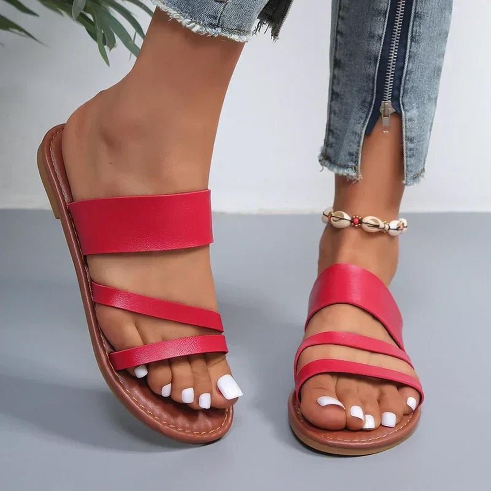 Women's Cross-Strap Flat Sandals - Cushioned Leather Slip-On Summer Shoes