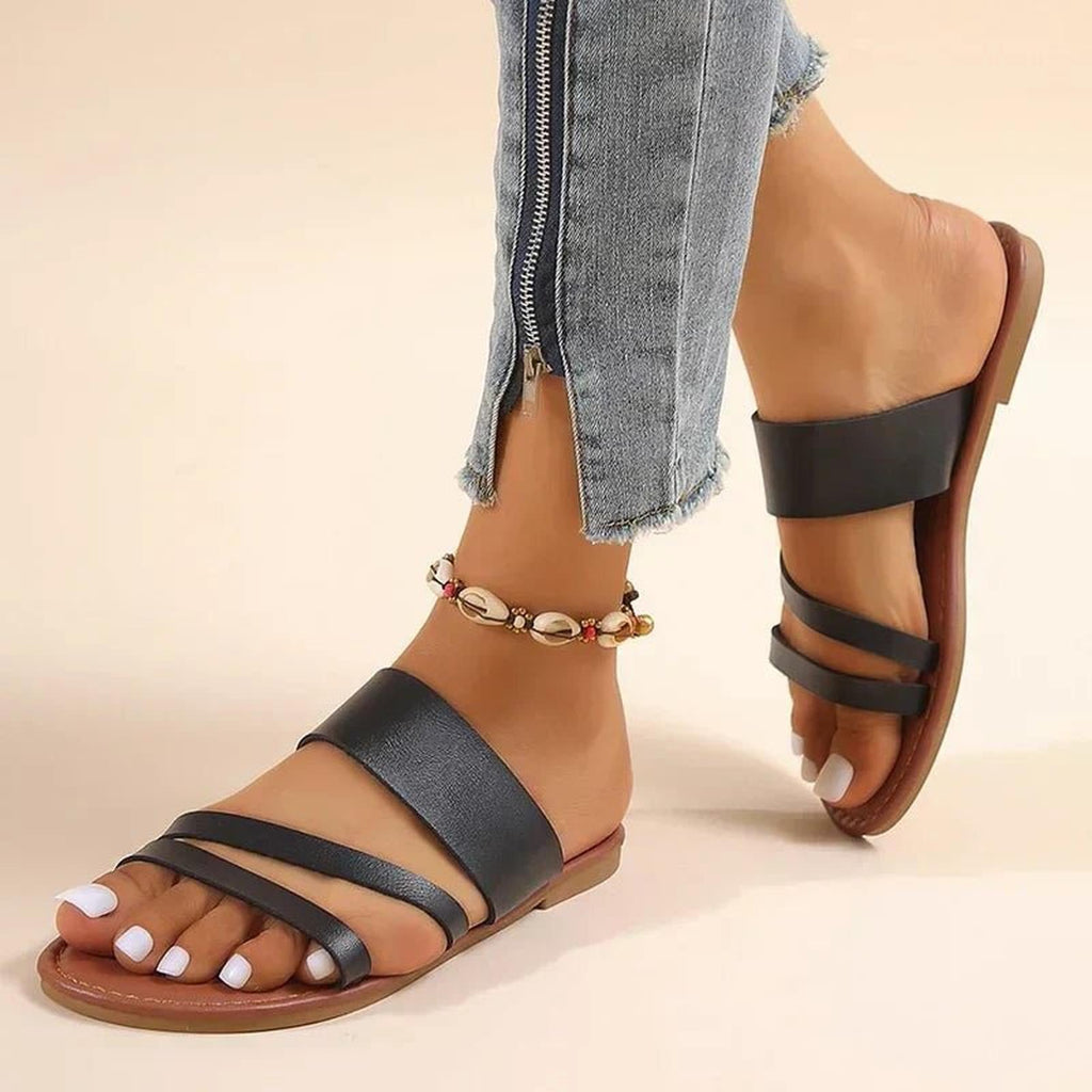 Women's Cross-Strap Flat Sandals - Cushioned Leather Slip-On Summer Shoes
