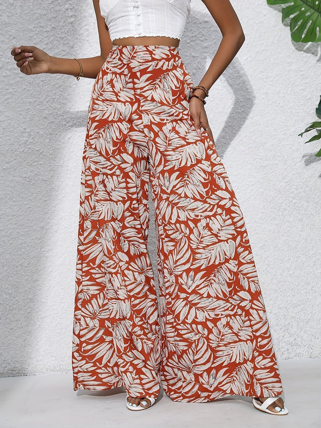 Women's Floral Wide Leg Trousers - High Waist Palazzo Day Style