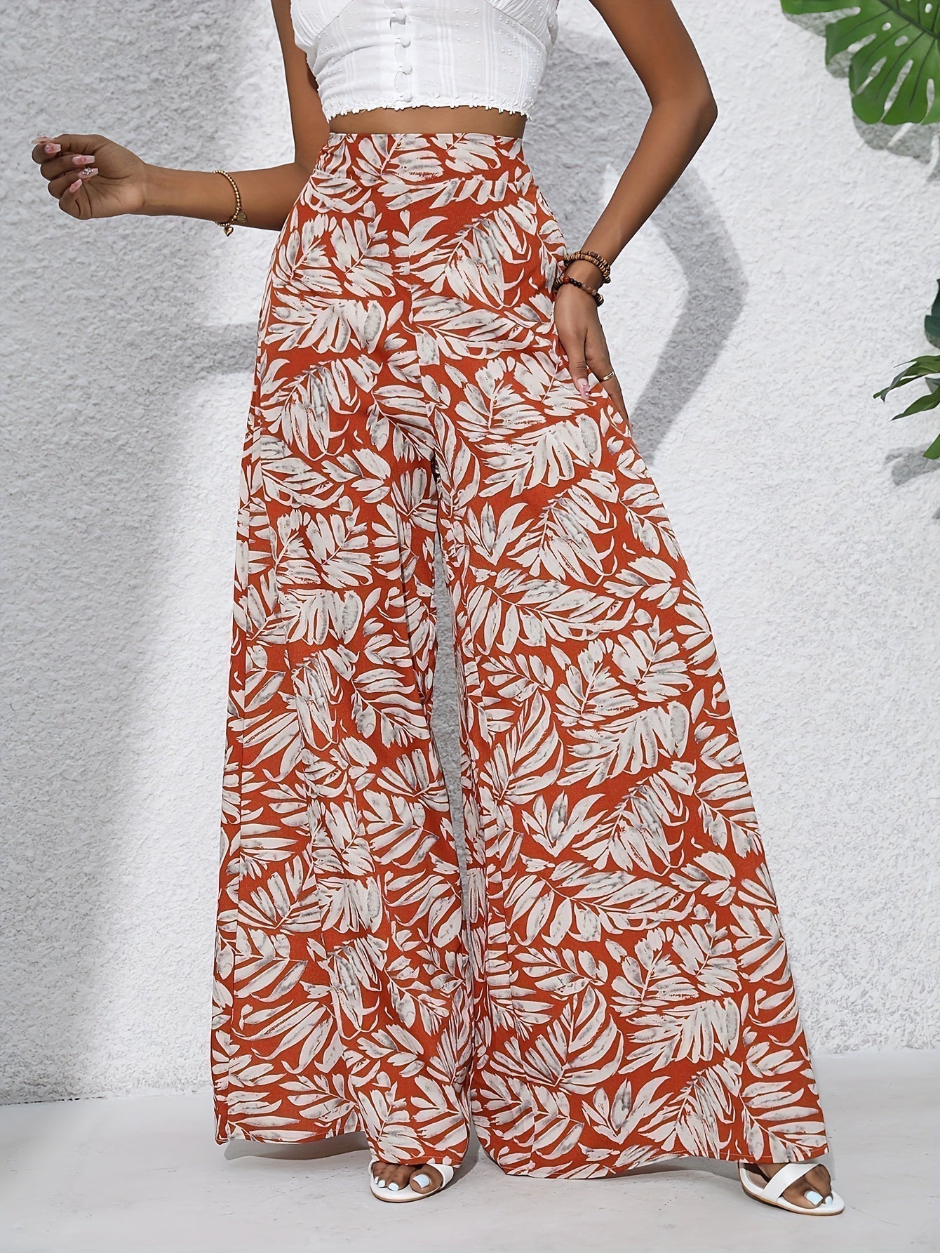Women's Floral Wide Leg Trousers - High Waist Palazzo Day Style