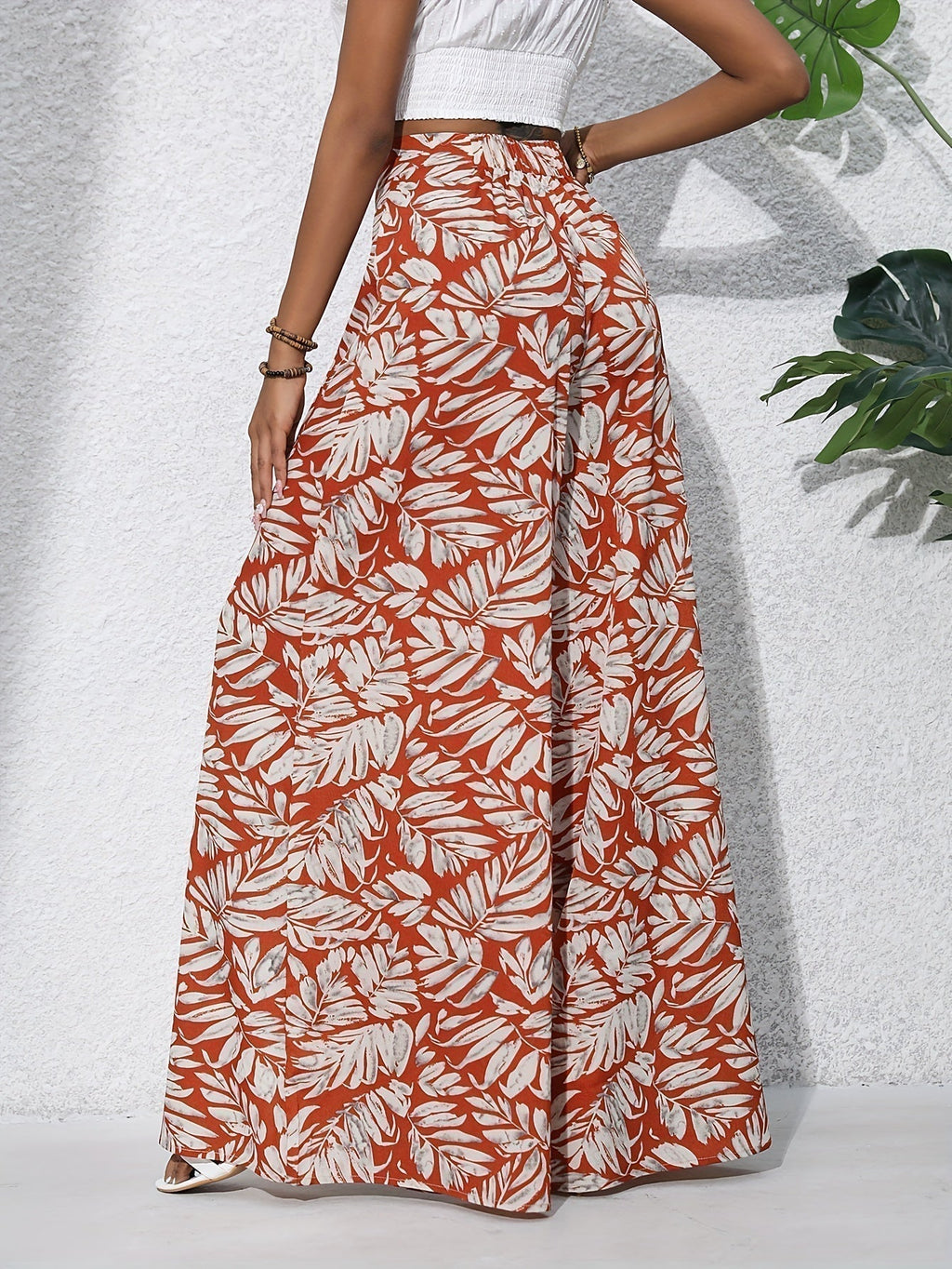 Women's Floral Wide Leg Trousers - High Waist Palazzo Day Style