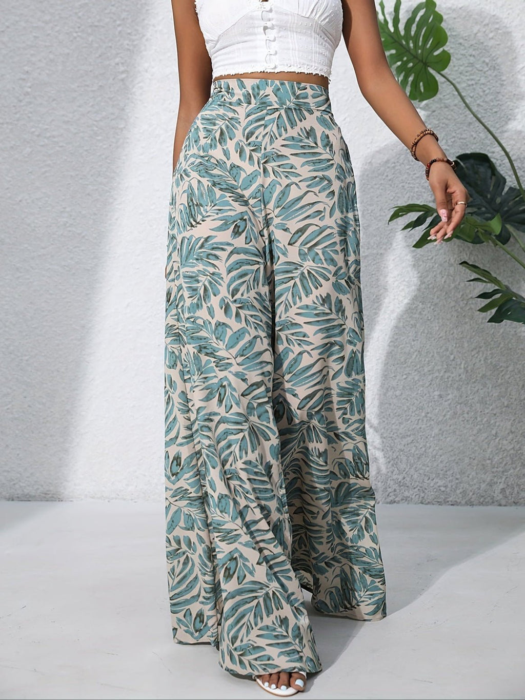 Women's Floral Wide Leg Trousers - High Waist Palazzo Day Style