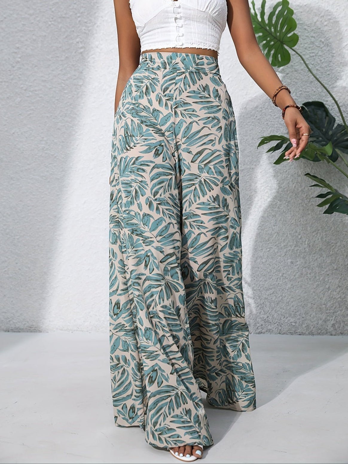 Women's Floral Wide Leg Trousers - High Waist Palazzo Day Style