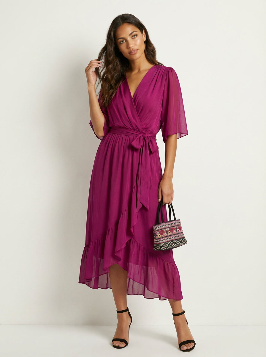 Women's Wrap Midi Dress – Flutter Sleeve Occasion Dress