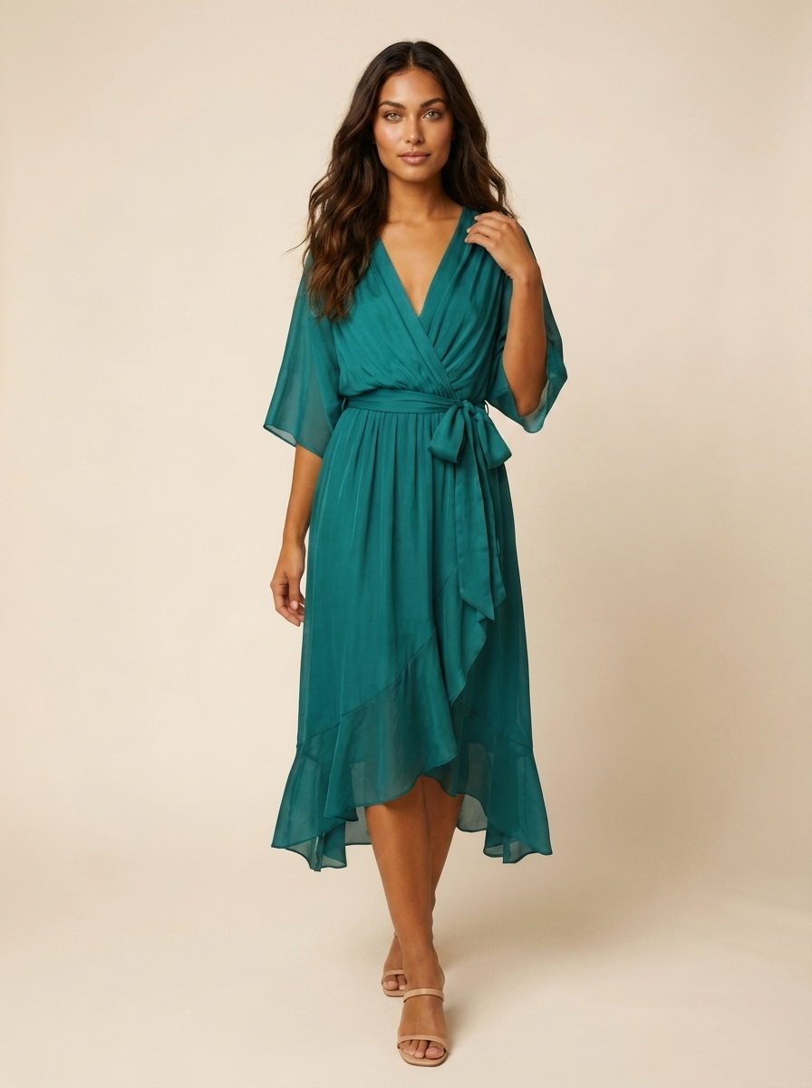 Women's Wrap Midi Dress – Flutter Sleeve Occasion Dress