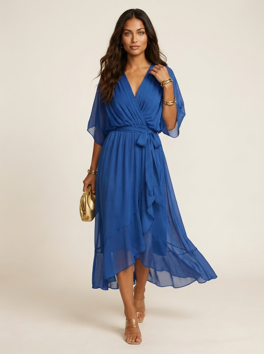 Women's Wrap Midi Dress – Flutter Sleeve Occasion Dress