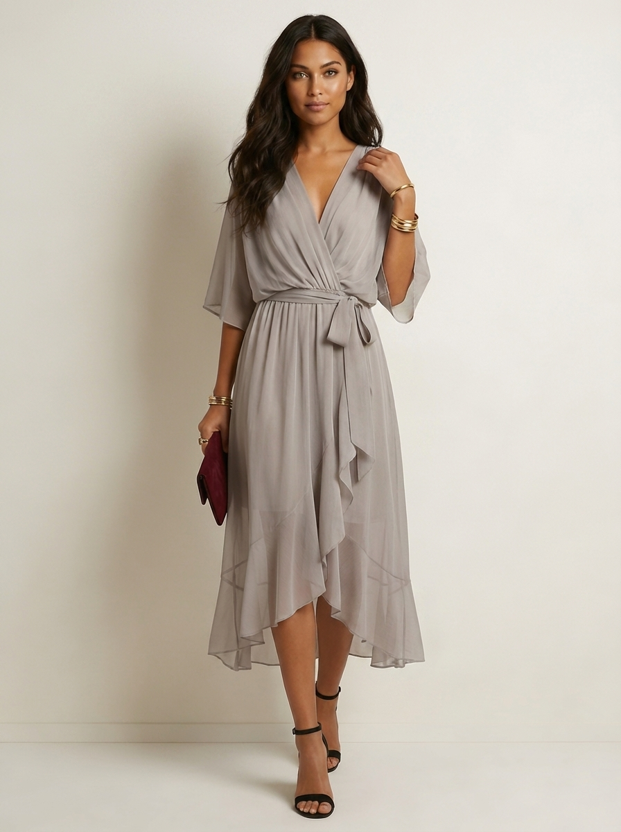 Women's Wrap Midi Dress – Flutter Sleeve Occasion Dress
