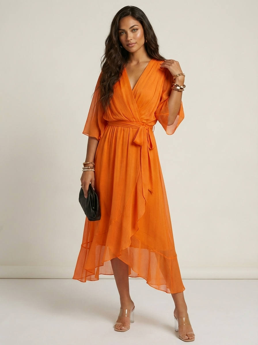 Women's Wrap Midi Dress – Flutter Sleeve Occasion Dress