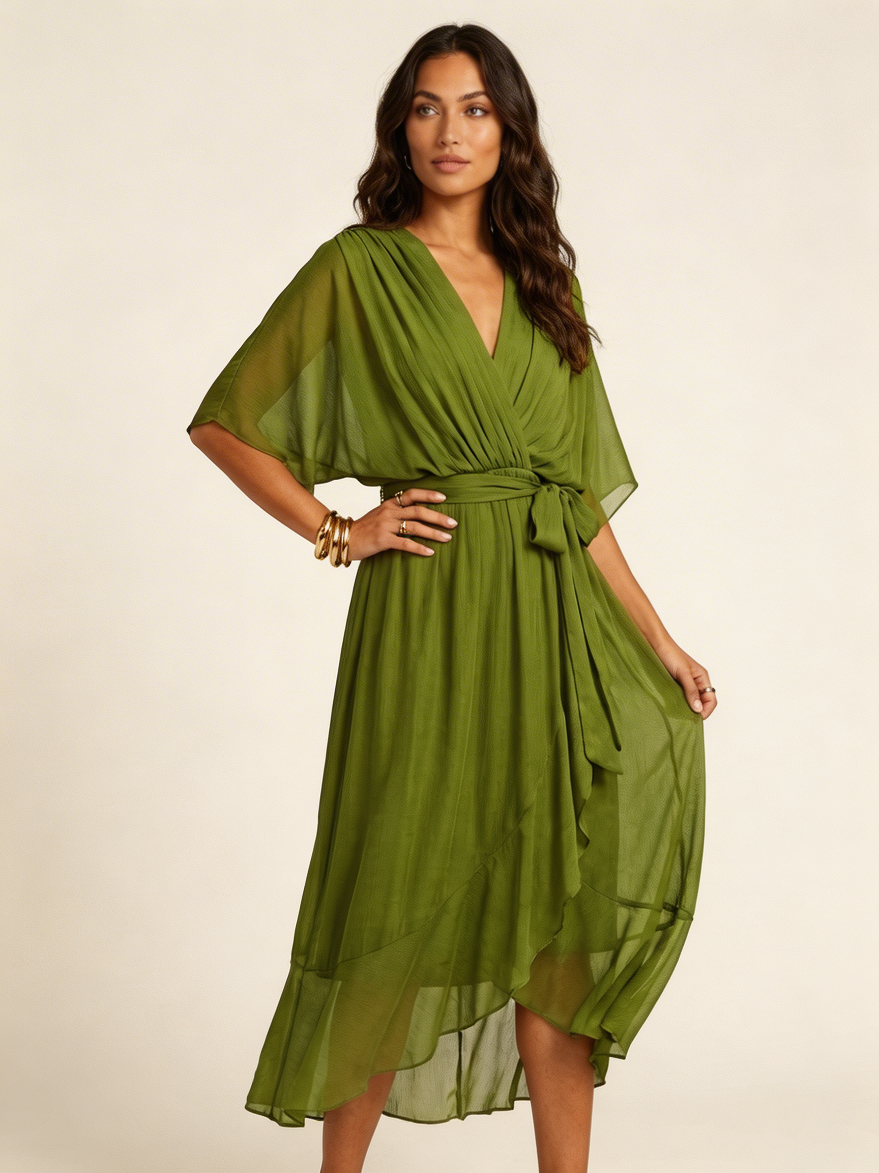 Women's Wrap Midi Dress – Flutter Sleeve Occasion Dress