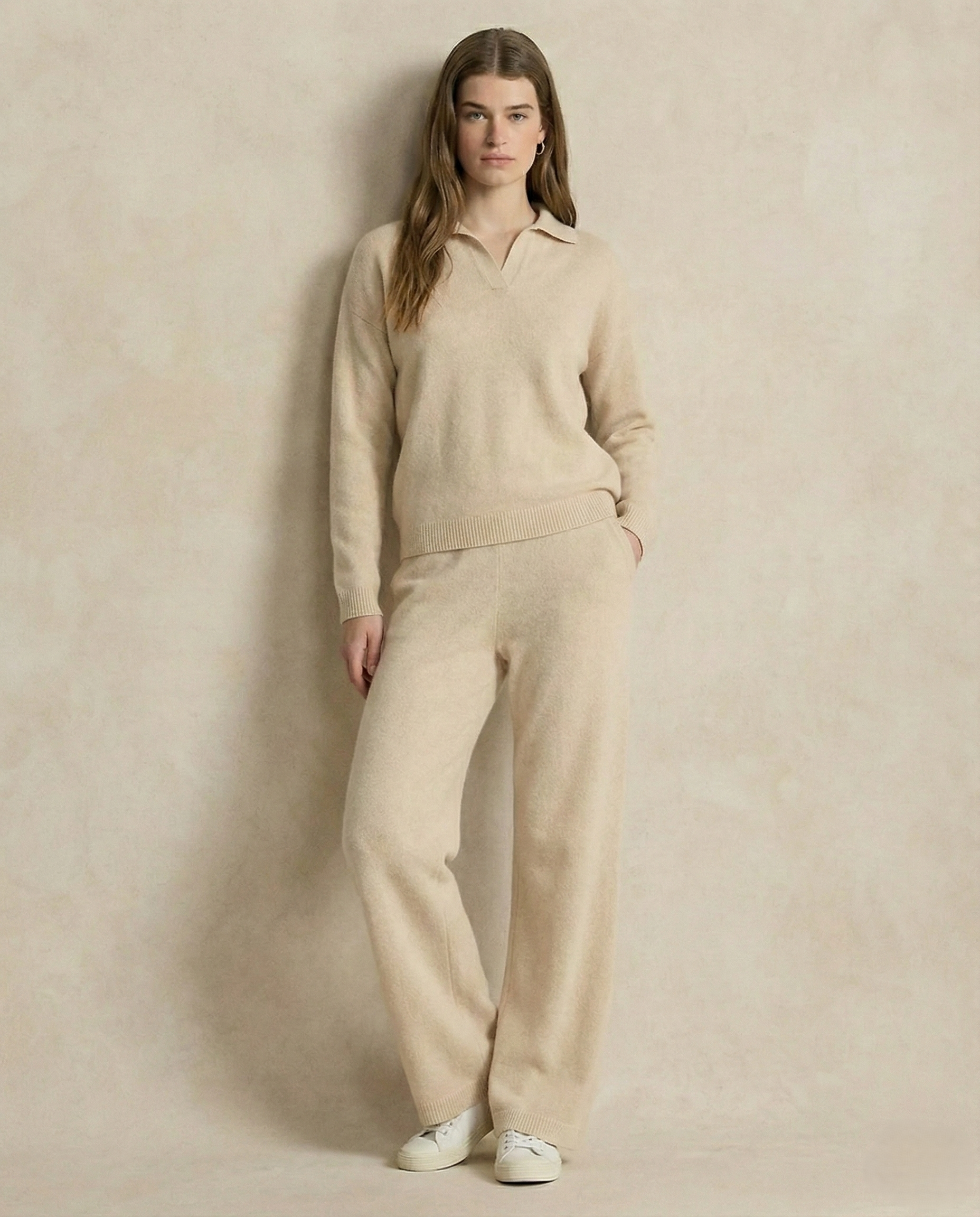 Women’s Polo Knit Set – Casual Relaxed-Fit Sweater and Wide-Leg Pants