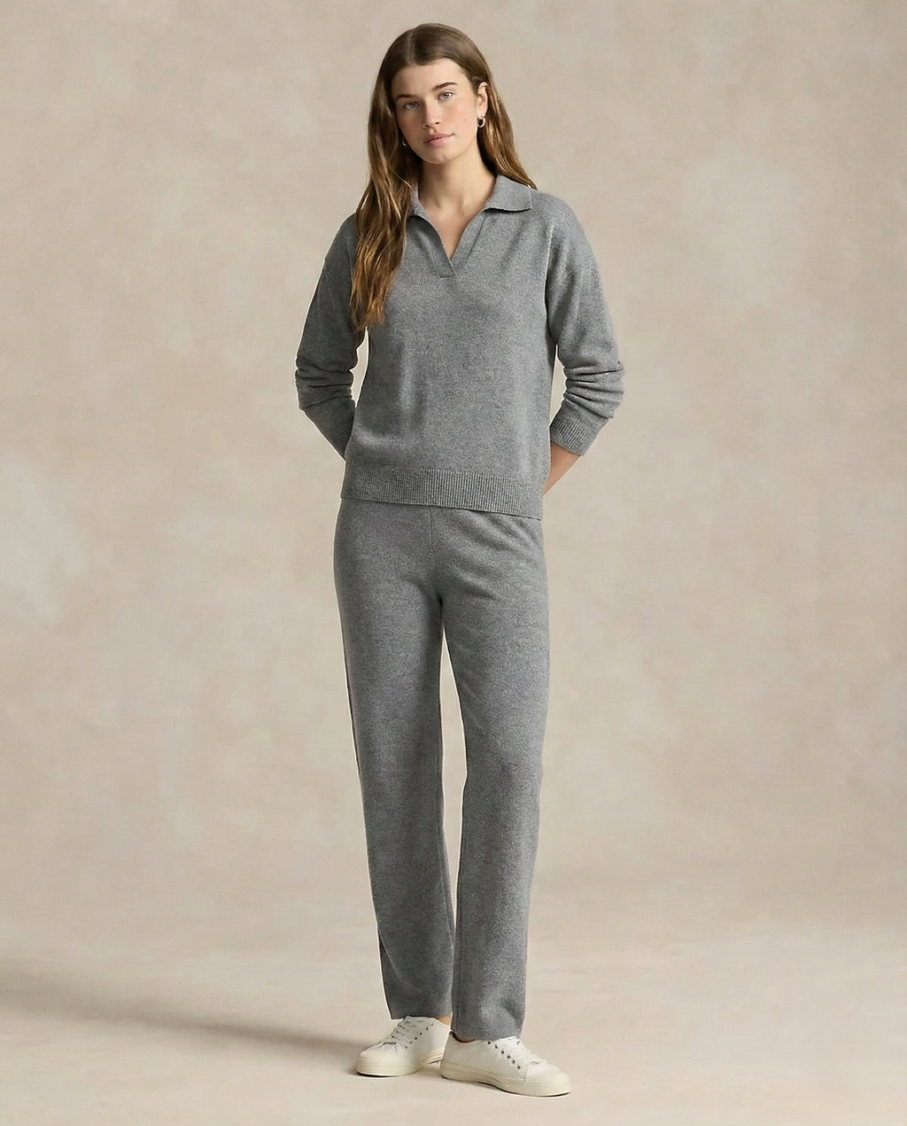 Women’s Polo Knit Set – Casual Relaxed-Fit Sweater and Wide-Leg Pants