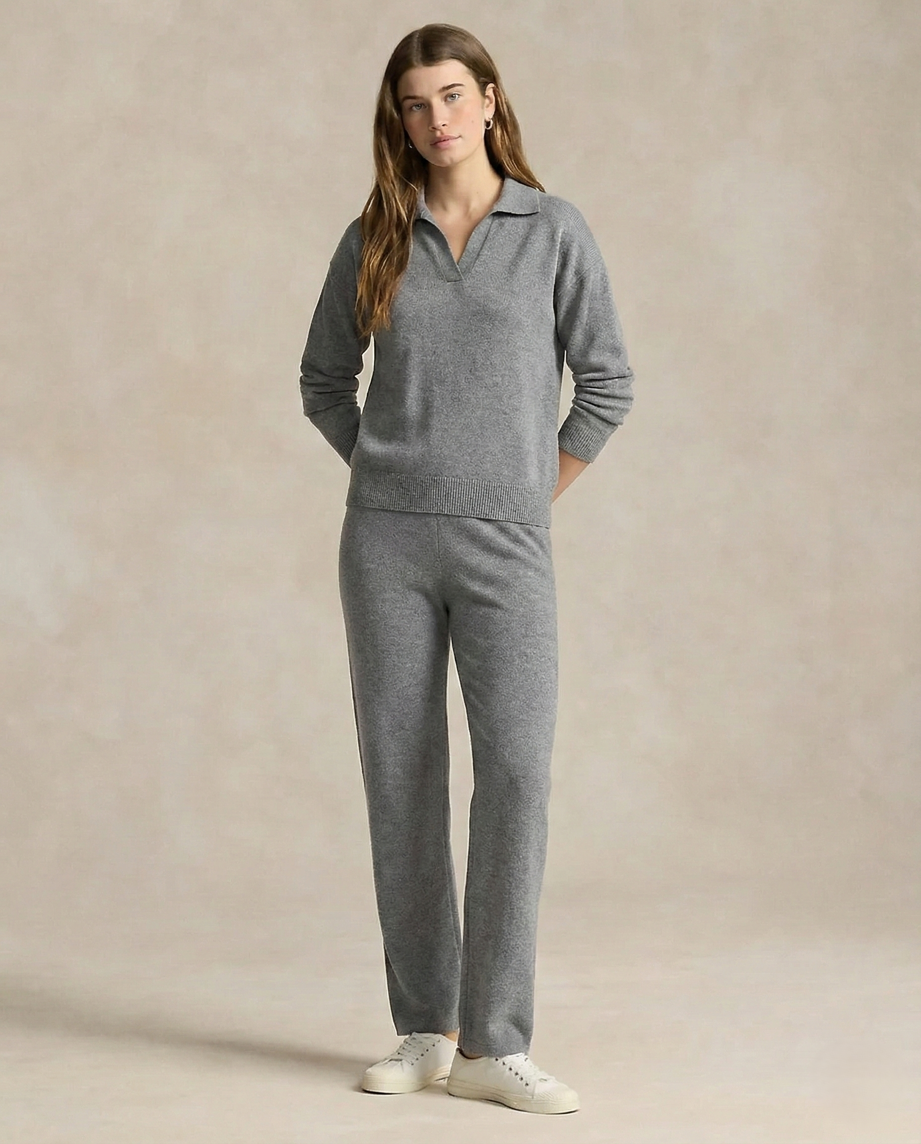 Women’s Polo Knit Set – Casual Relaxed-Fit Sweater and Wide-Leg Pants