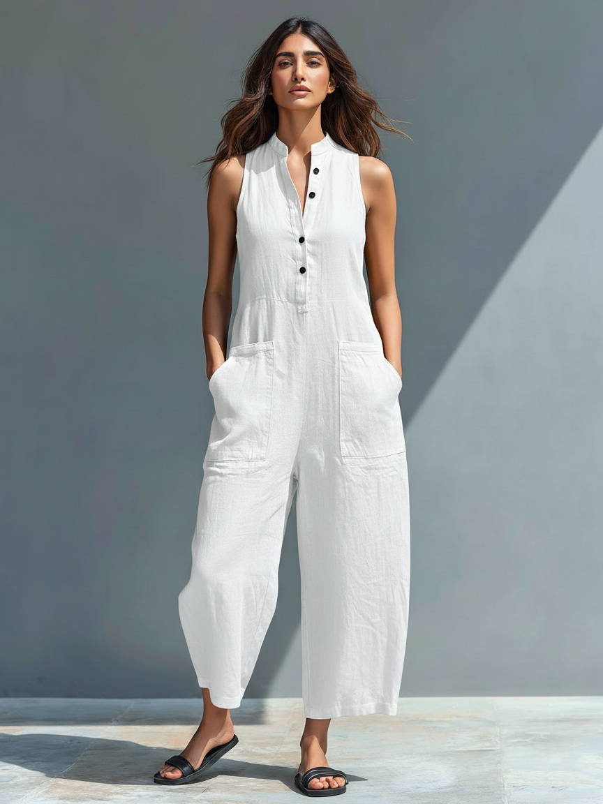 Women's Sleeveless Linen Blend Jumpsuit – Minimalist Relaxed Everyday Style