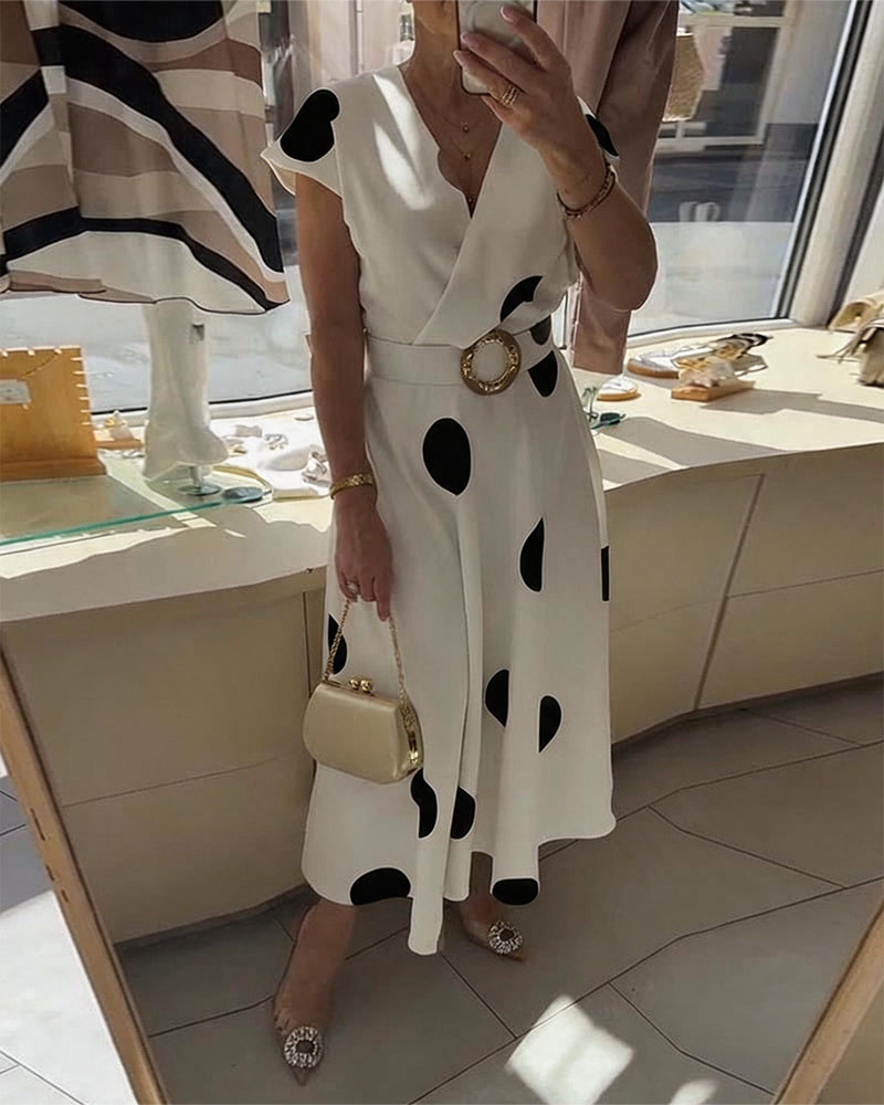 Women's Polka Dot V-Neck Dress – Waist-Defining Everyday Summer Style