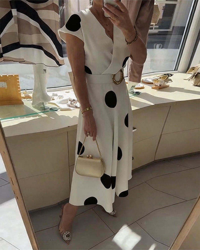 Women's Polka Dot V-Neck Dress – Waist-Defining Everyday Summer Style
