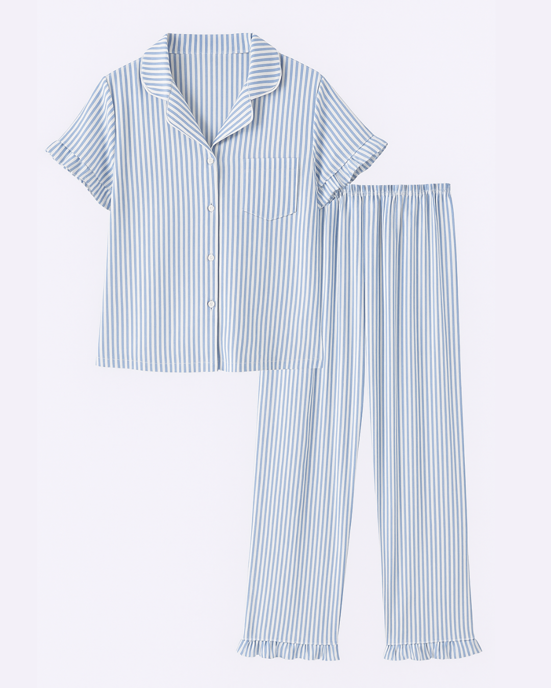 Damespyjama van katoen – Blauw-wit gestreepte nachtkleding met knoopjes, top met korte mouwen en broek – Zachte, ademende loungewear