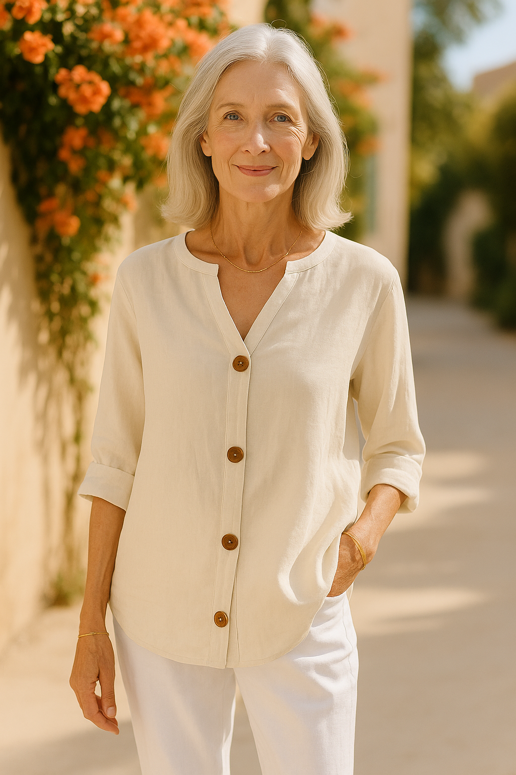 Women's Beige Linen Notch-Neck Button-Down Blouse