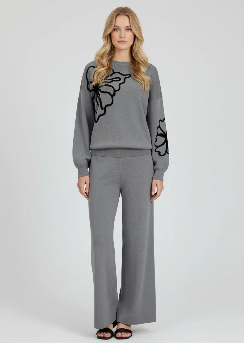 Women’s Premium Knitted Loungewear Set – Round Neck Embroidered Top and Wide-Leg Pants