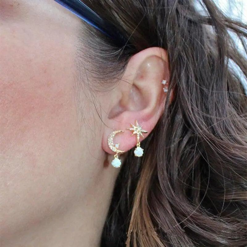 Women's Moon Star Opal Earrings - Elegant Celestial Gold Jewelry