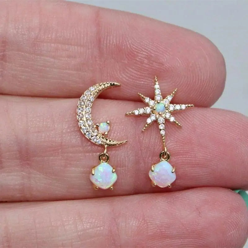 Women's Moon Star Opal Earrings - Elegant Celestial Gold Jewelry