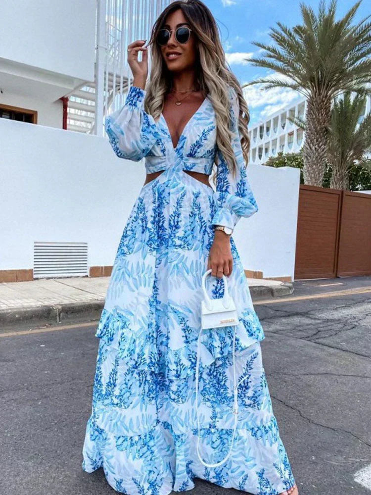Women's Side Cut Maxi Dress - Long Sleeve Statement Occasion Dress