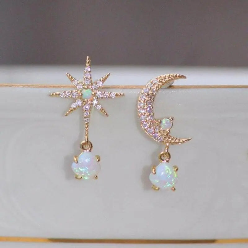 Women's Moon Star Opal Earrings - Elegant Celestial Gold Jewelry
